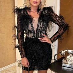 Influencer Style Jessica Bara Agnetha Long Sleeve Feather Beaded Dress