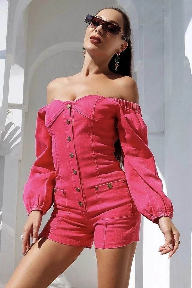 The Denim Destination Jessica Bara Barbie Off The Shoulder Denim Romper