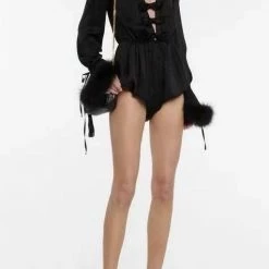 Jessica Bara Priscilla Bowknot Feather Sleeve Mini Romper Long Sleeves
