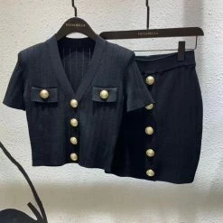 Jessica Bara Monico Gold Button Top And Skirt Two Piece Set Reve Doll Essentials