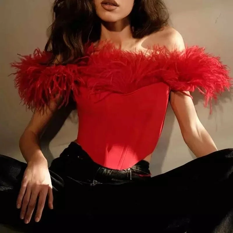 Jessica Bara Kiley Off The Shoulder Feather Corset Top Influencer Style