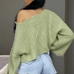 Reve Doll Essentials Jessica Bara Natasha Long Sleeve Distressed Cropped Sweater