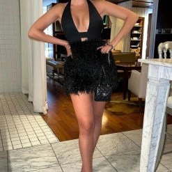 Influencer Style Jessica Bara Tobi Halter Neck Backless Feather Dress