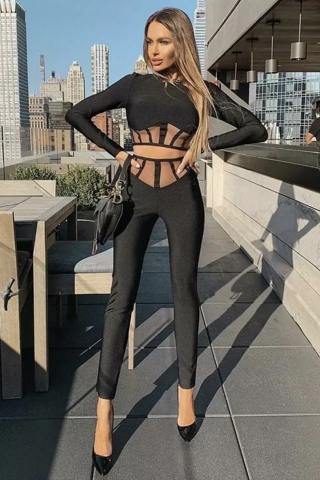 Jessica Bara Tatiana Mesh Long Sleeve Top And Pant Two Piece Set Birthday Suit