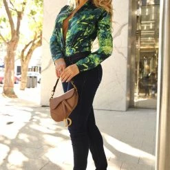 Jessica Bara Nico Long Sleeve Tropical Print Bodysuit Influencer Style