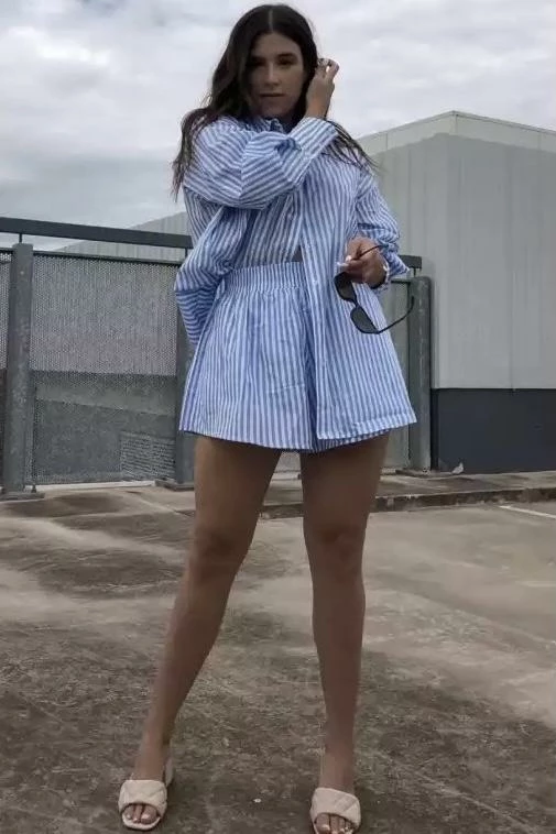 Summer Lovin' Jessica Bara Garcia Stripped Button Down And Short Two Piece Set