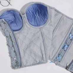 Jessica Bara Etta Diamond Lace Up Denim Corset Top Influencer Style