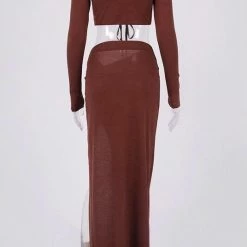 Jessica Bara Clarise Ruched Long Sleeve Crop Top And Skirt Two Piece Set