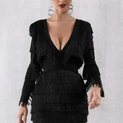 Jessica Bara Shakira Long Sleeve Tassel Fringe Mini Dress Influencer Style