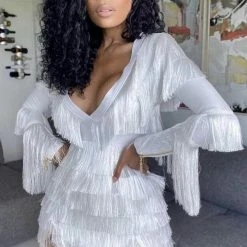 Jessica Bara Shakira Long Sleeve Tassel Fringe Mini Dress Influencer Style