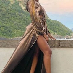 Jessica Bara Cruz Long Sleeve Cut Out Double Leg Slit Gown