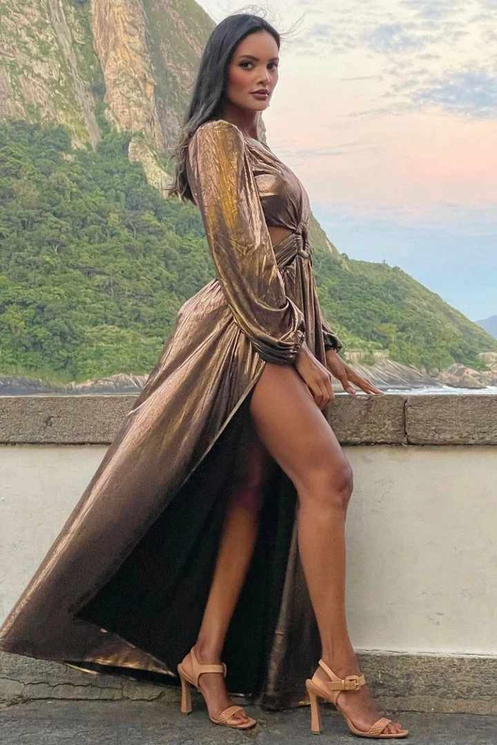 Jessica Bara Cruz Long Sleeve Cut Out Double Leg Slit Gown