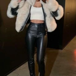 Jessica Bara Hudson Leather & Fur Long Sleeve Jacket Influencer Style