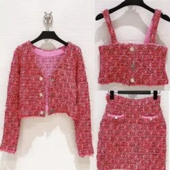 Influencer Style Jessica Bara Lena Tweed Tweed Blazer Top And Skirt Three Piece Set