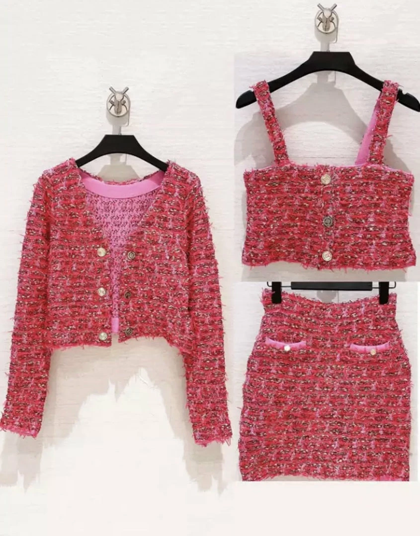 Influencer Style Jessica Bara Lena Tweed Tweed Blazer Top And Skirt Three Piece Set