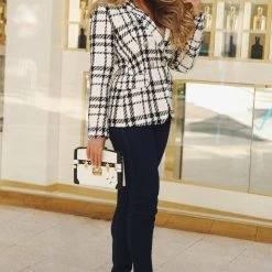 Jessica Bara Robin Houndstooth Silver Button Blazer Influencer Style