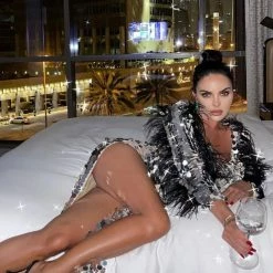 Influencer Style Jessica Bara Azariah Long Feather Sleeve Sequin Gown