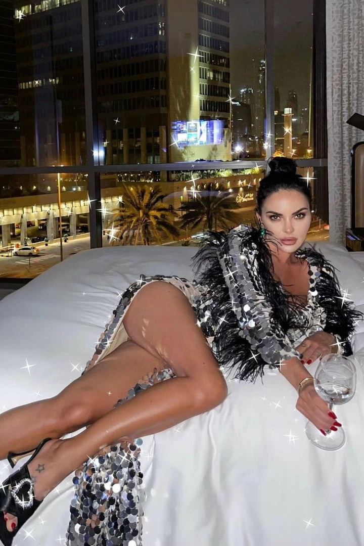 Influencer Style Jessica Bara Azariah Long Feather Sleeve Sequin Gown