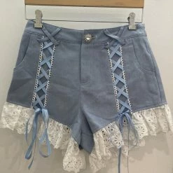 Jessica Bara Lacy Lace Up Frilly Denim Shorts