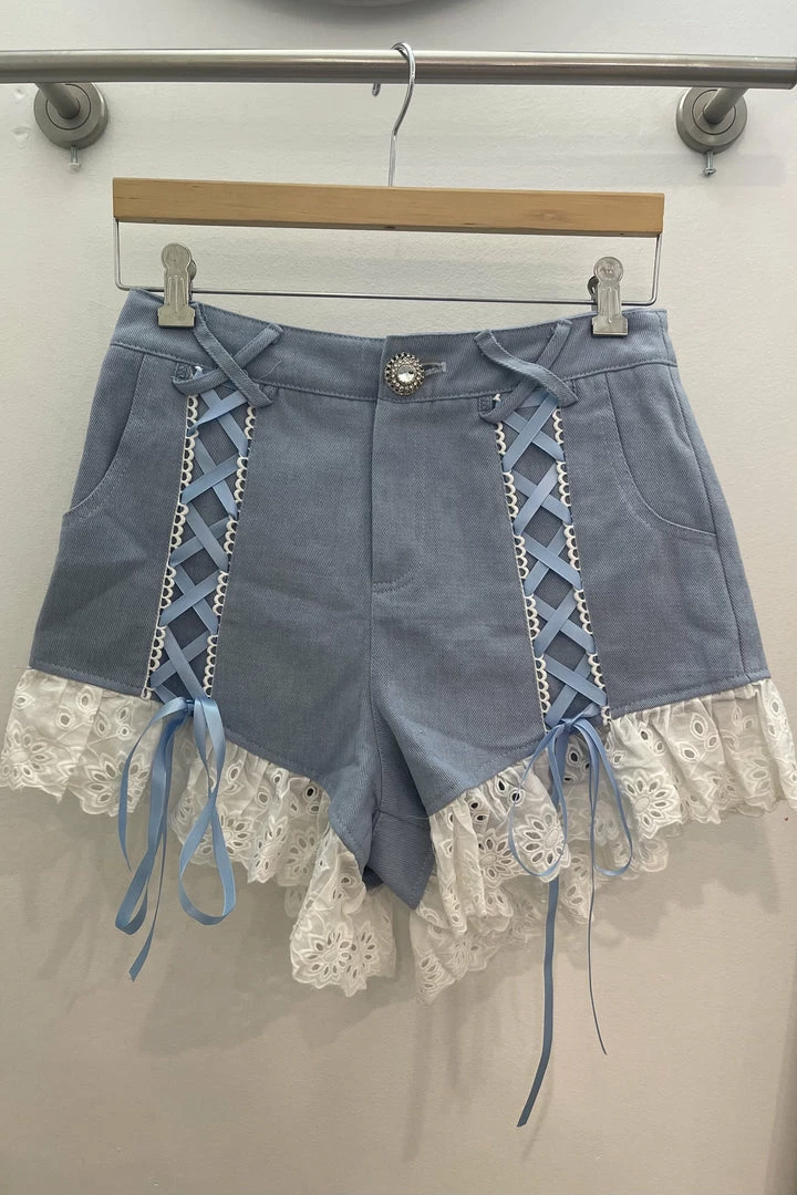 Jessica Bara Lacy Lace Up Frilly Denim Shorts