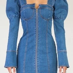 Influencer Style Jessica Bara Francine Puff Shoulder Denim Mini Dress