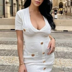 Jessica Bara Lizzie Gold Button Short Sleeve Knit Dress