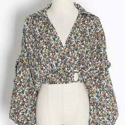 Jessica Bara Nori Long Sleeve V Neck Collared Crop Top