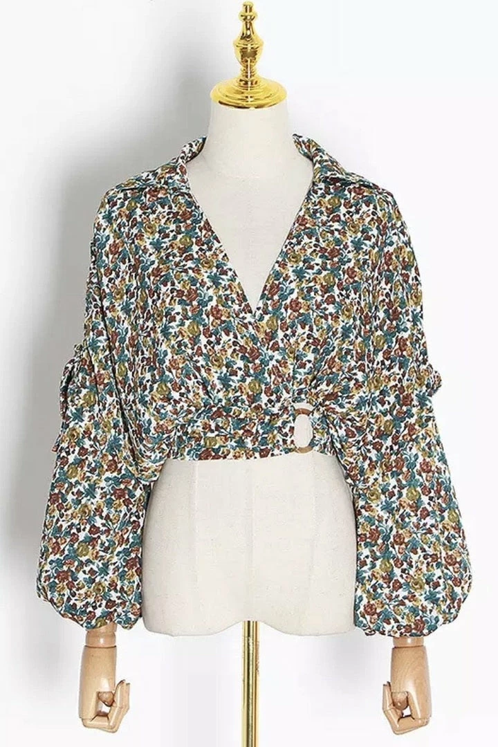 Jessica Bara Nori Long Sleeve V Neck Collared Crop Top