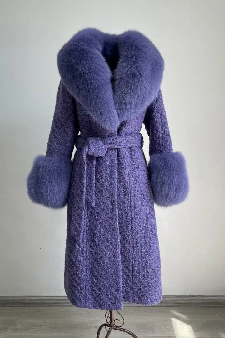 Jessica Bara Dierdra Fur And Wool Belted Long Coat Influencer Style