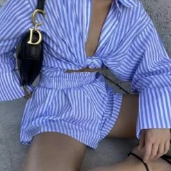 Summer Lovin' Jessica Bara Garcia Stripped Button Down And Short Two Piece Set