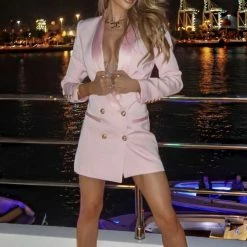 Jessica Bara Blakely Double Breasted Gold Button Blazer Dress