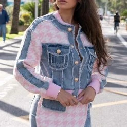 Jessica Bara Darlene Gold Button Pink Patchwork Denim Jacket