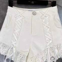 Jessica Bara Lacy Lace Up Frilly Denim Shorts