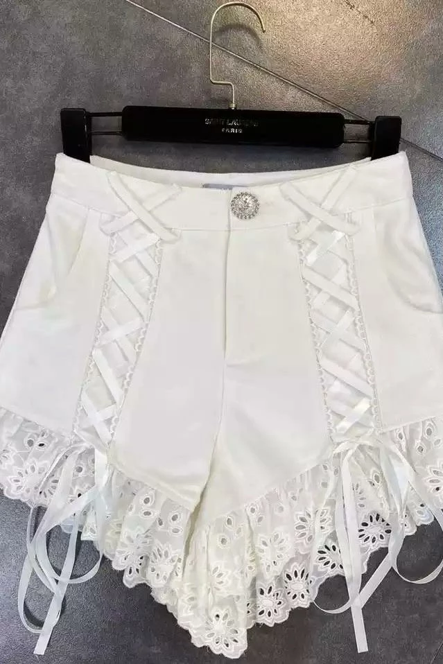 Jessica Bara Lacy Lace Up Frilly Denim Shorts