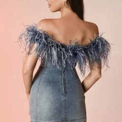 Jessica Bara Asherah Off The Shoulder Feather Denim Mini Dress Birthday Suit