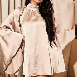 Jessica Bara Rafaela Backless Long Sleeve Silk Mini Dress