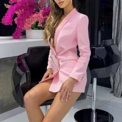 Jessica Bara Blakely Double Breasted Gold Button Blazer Dress