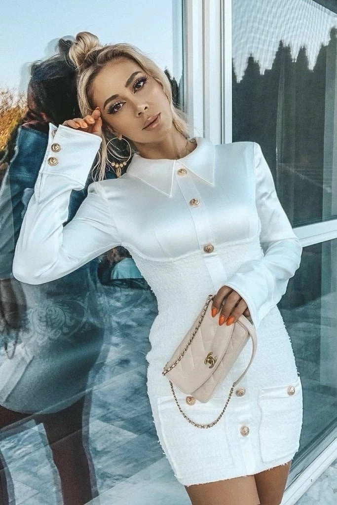 Influencer Style Jessica Bara Leighton Collar Tweed And Satin Mini Dress