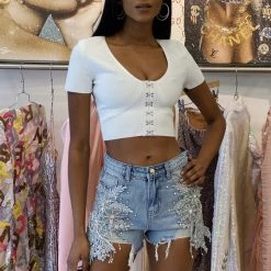 Reve Doll Essentials Jessica Bara Blythe High Waisted Rhinestone Denim Shorts