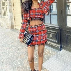 Influencer Style Jessica Bara Tianna Plaid Gold Chain Crop Top