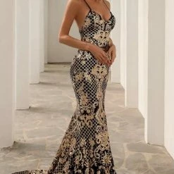 The Event Shop Jessica Bara Maple Sequin Backless Leg Slit Gown