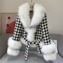 Jessica Bara Brody Houndstooth Fur Belted Jacket Influencer Style