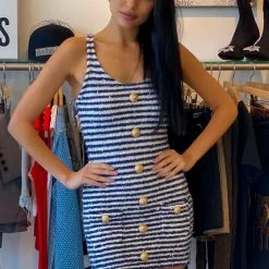 Jessica Bara Corey Tweed Gold Button Mini Dress