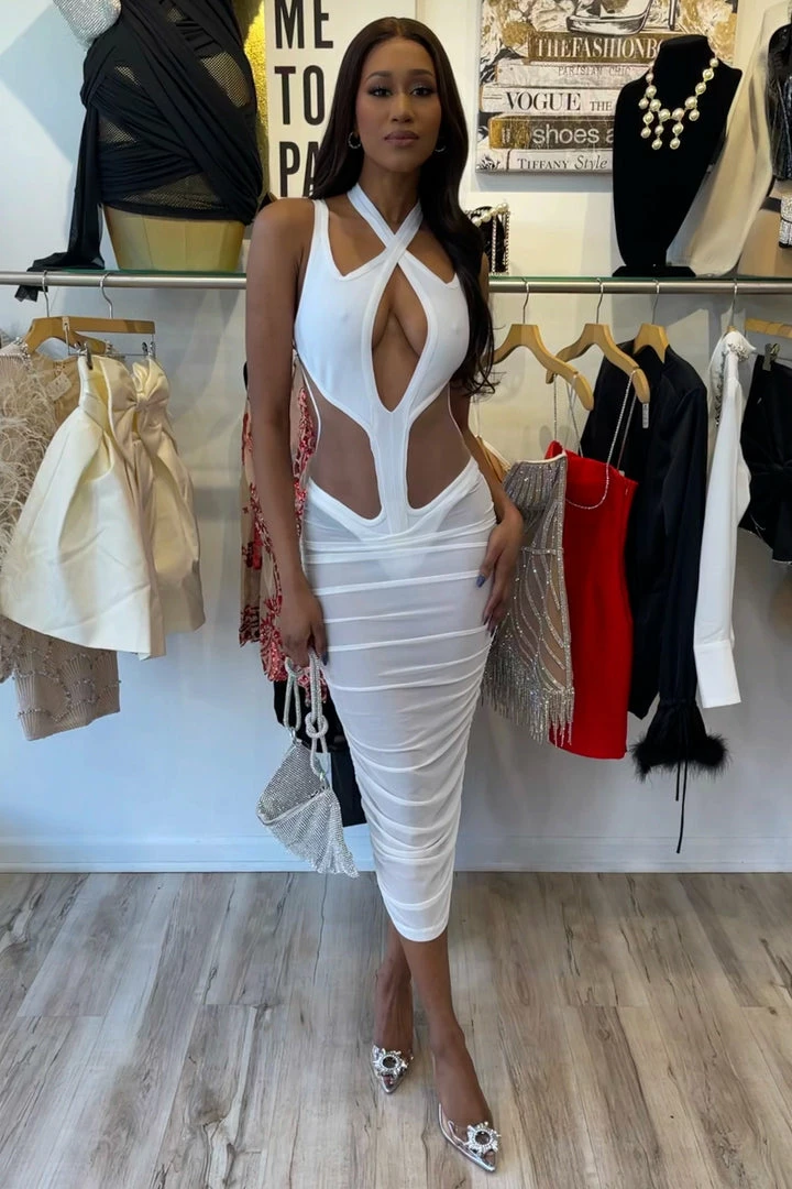 Jessica Bara Nova Cut Out Mesh Midi Dress Influencer Style