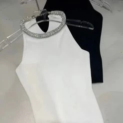 Jessica Bara Paula Rhinestone Neck Knit Tank Top Casual/Daytime