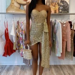 Jessica Bara Alicia Strapless Glitter Draped Mini Dress Influencer Style