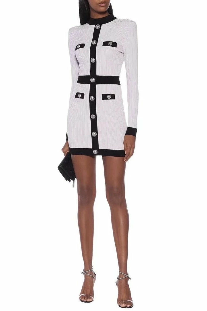 Jessica Bara Lorelle Silver Buttton High Neck Mini Dress