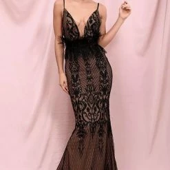 Jessica Bara Chichi V Neck Feather Belt Bodycon Gown Influencer Style