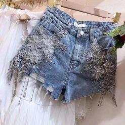 Summer Lovin' Jessica Bara Zayd High Waisted Rhinestone Denim Shorts