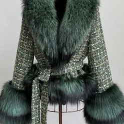 Jessica Bara Shaliyah Fur And Tweed Belted Coat